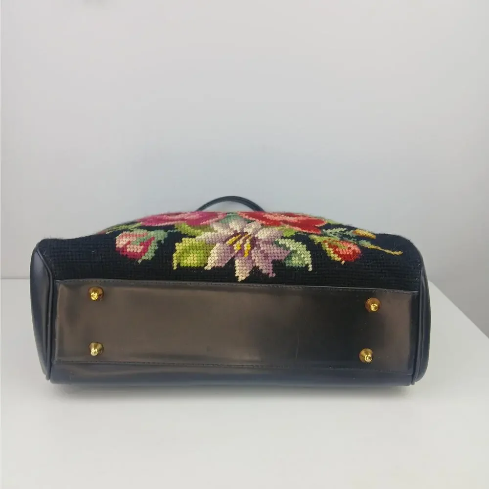 Vintage 1960's Black Leather Floral Needlepoint Handbag Gold Clasps Hong Kong
